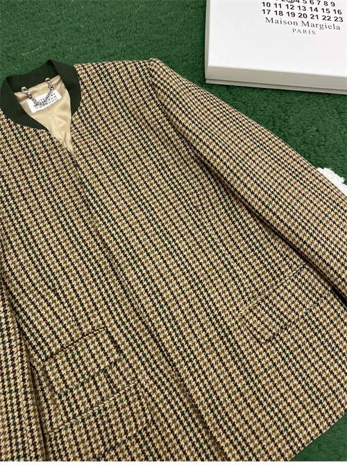 메종마르지엘라 체크 울 브이넥 히든 자켓