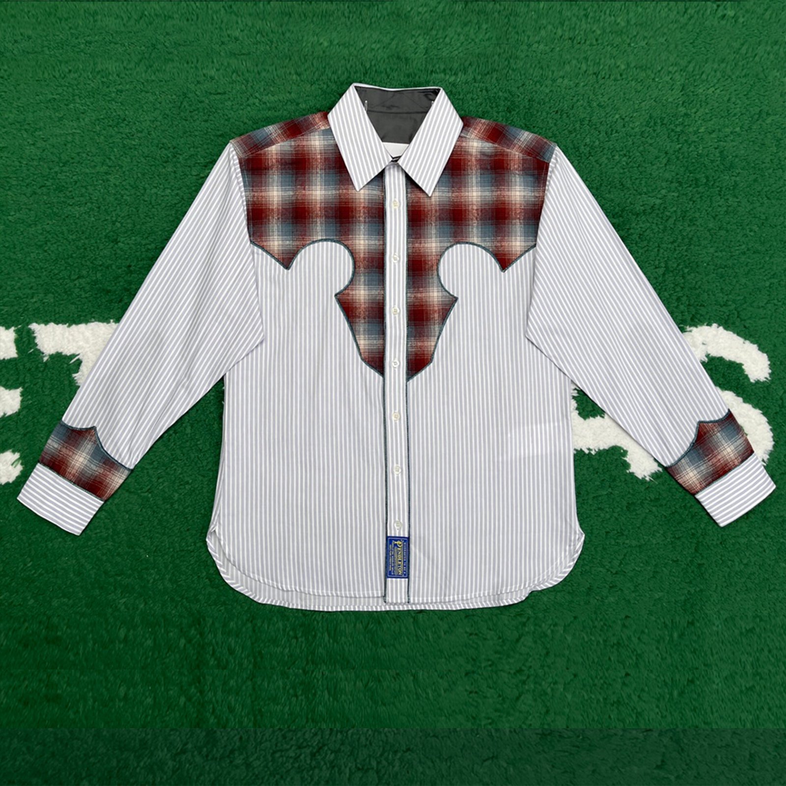 마르지엘라 그레이 & 브라운 코튼 체크 스트라이프 셔츠