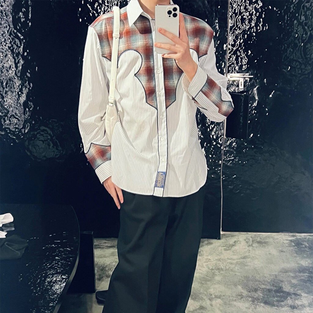 마르지엘라 그레이 & 브라운 코튼 체크 스트라이프 셔츠