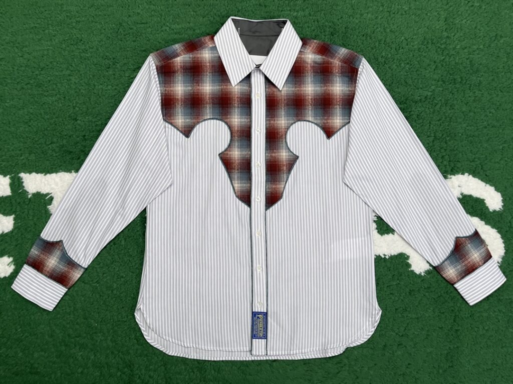 마르지엘라 그레이 & 브라운 코튼 체크 스트라이프 셔츠